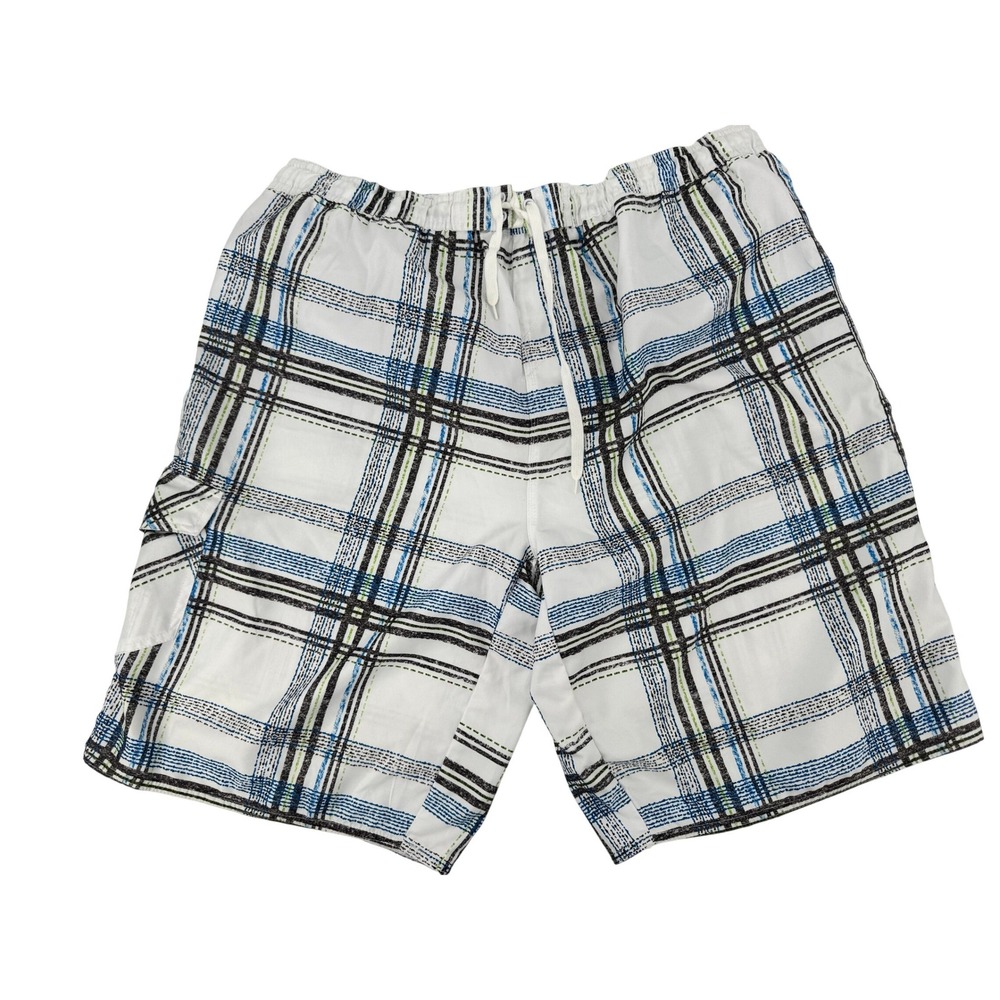 Burnside Board Shorts Men XL White Blue Plaid Cargo Swim Trunks‎ Mesh Lining